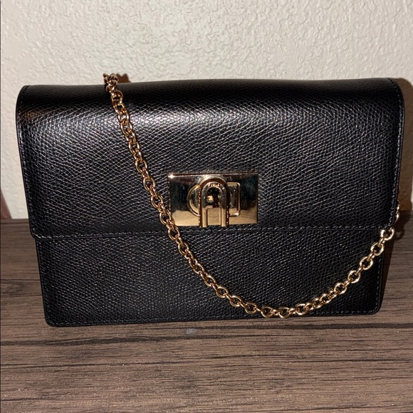 Furla Handbags - Furla 1927 Black Leather Clutch with Gold Chain